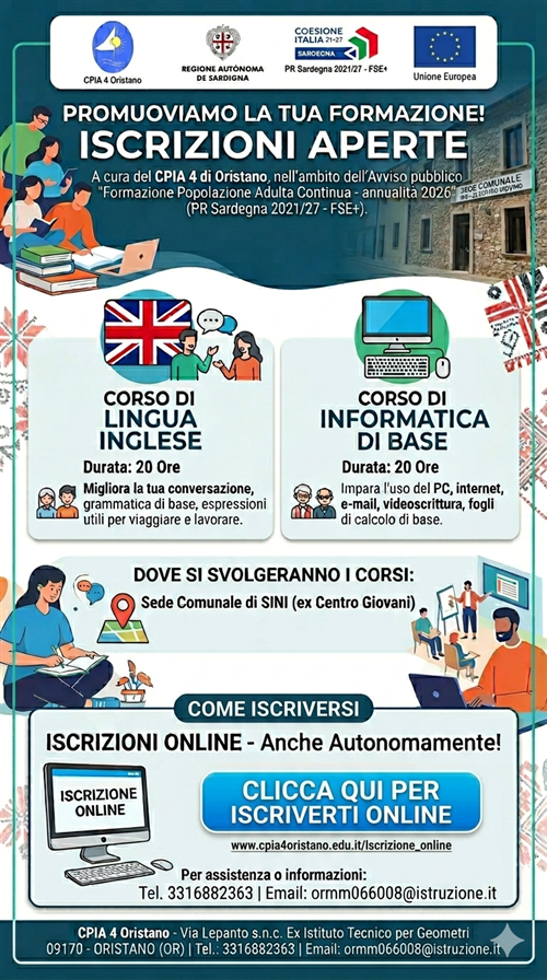 Corsi di lingua inglese e di informatica di base per adulti promossi dal CPIA4 di Oristano.
