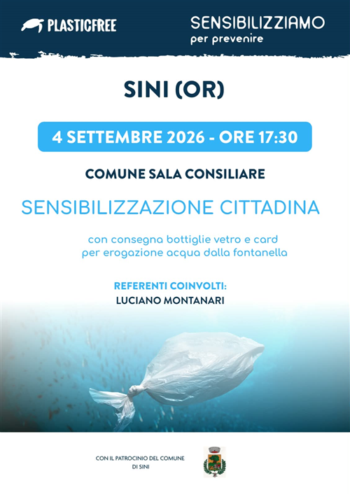 Sensibilizziamo per Prevenire - Sini, 4 Settembre 2026 - Consegna Bottiglie di Vetro e Card per il prelievo dell'acqua dalla fontanella Pubblica